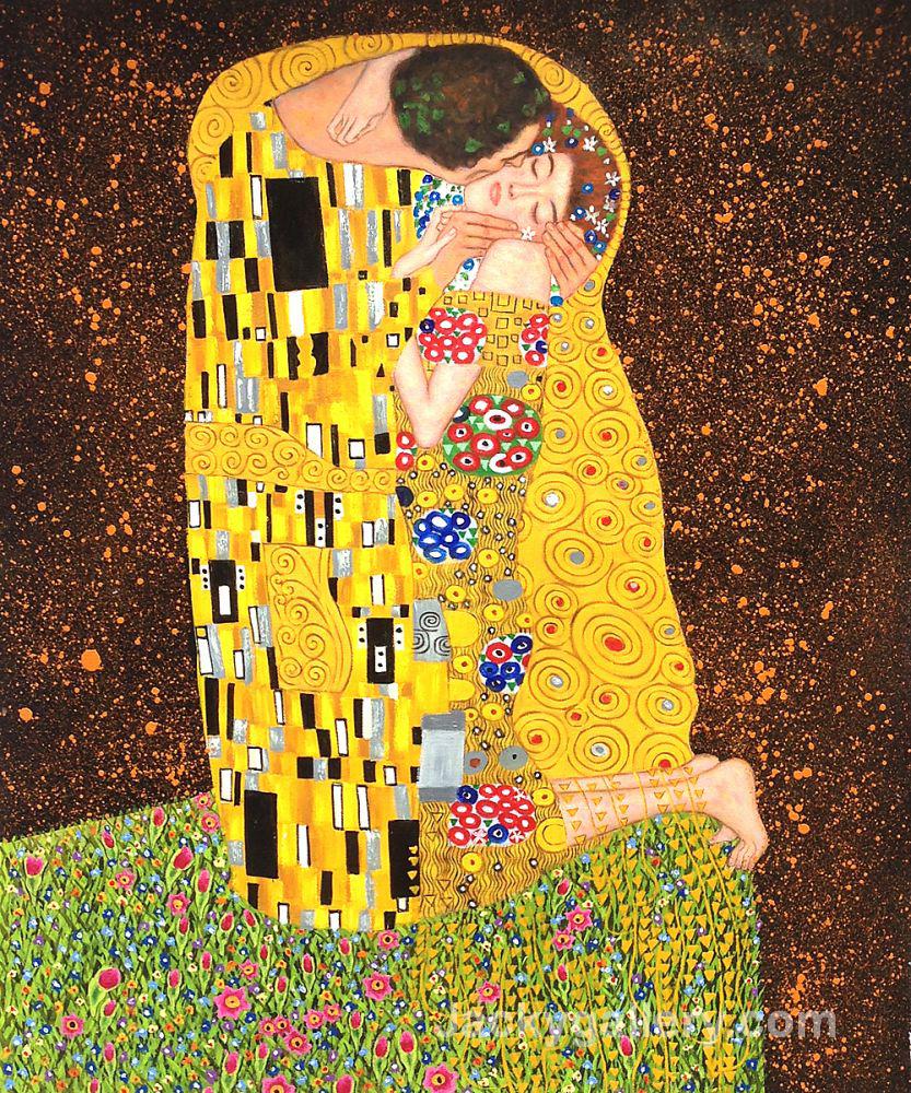 The Kiss (Full view) Red background by Gustav Klimt paintings reproduction